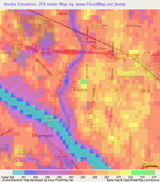 Anoka,US Elevation Map