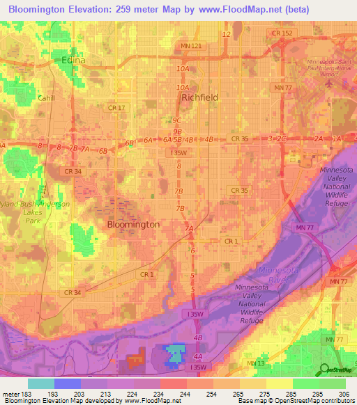 Bloomington,US Elevation Map