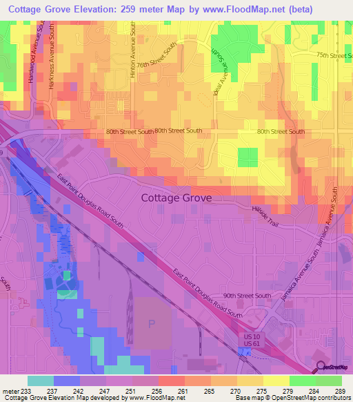 Cottage Grove,US Elevation Map