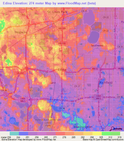 Edina,US Elevation Map