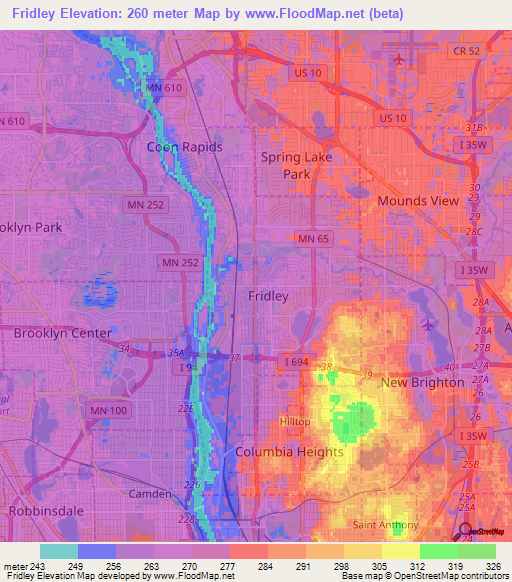 Fridley,US Elevation Map