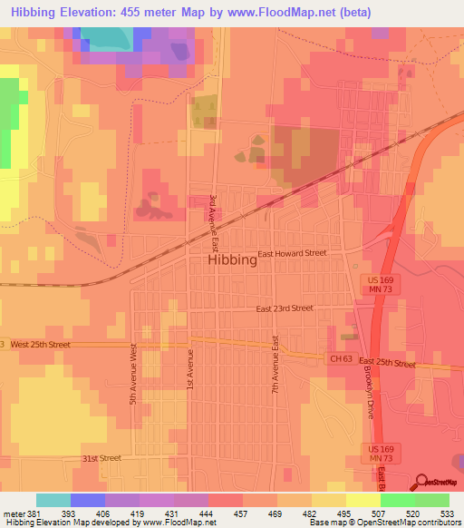 Hibbing,US Elevation Map