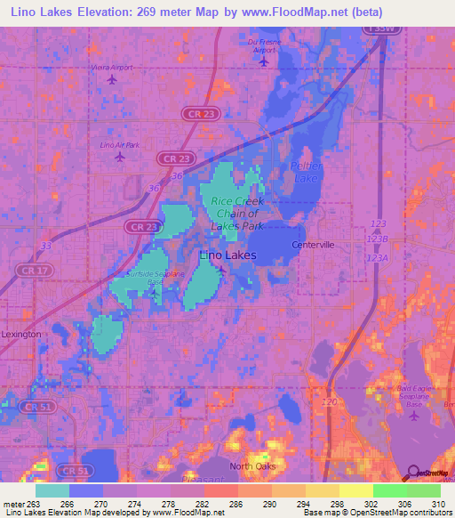 Lino Lakes,US Elevation Map