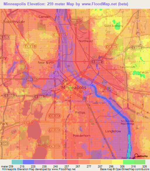 Minneapolis,US Elevation Map