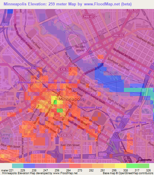 Minneapolis,US Elevation Map