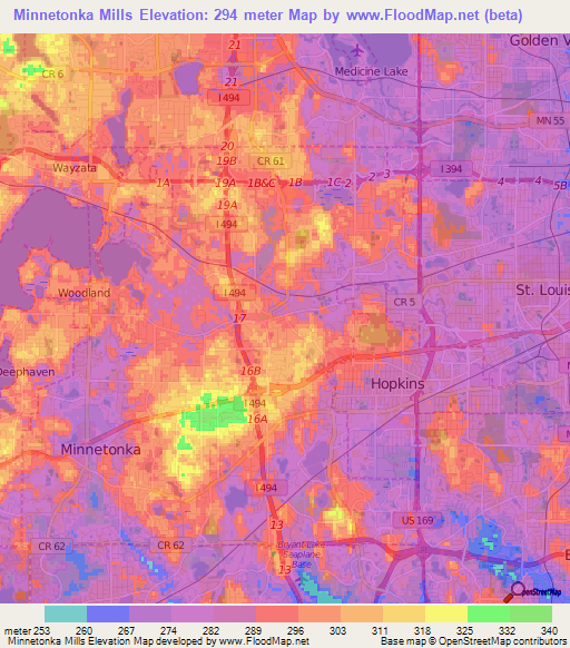 Minnetonka Mills,US Elevation Map