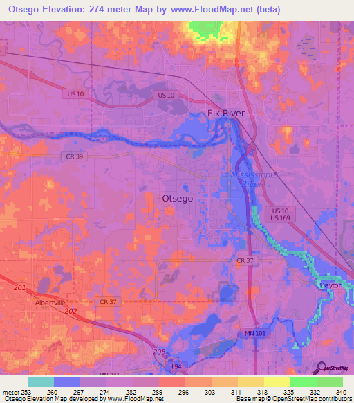 Otsego,US Elevation Map