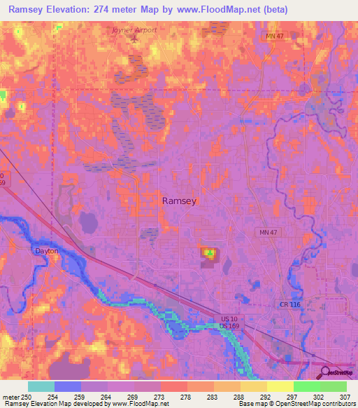 Ramsey,US Elevation Map