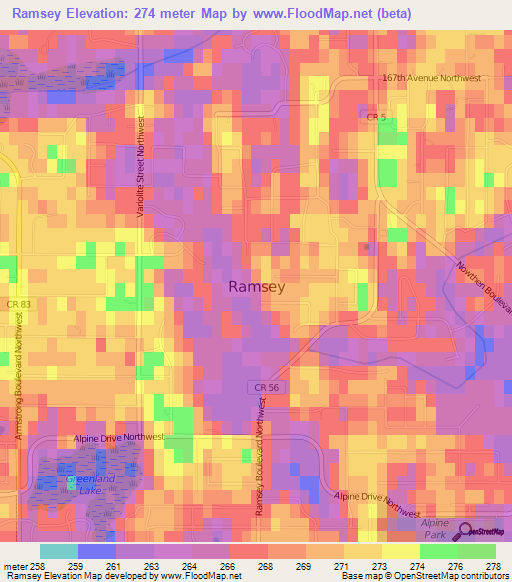 Ramsey,US Elevation Map