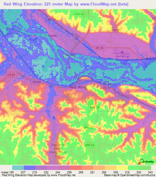 Red Wing,US Elevation Map