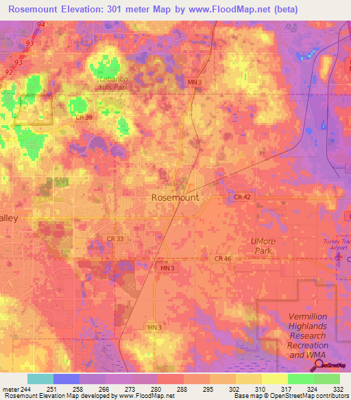 Rosemount,US Elevation Map