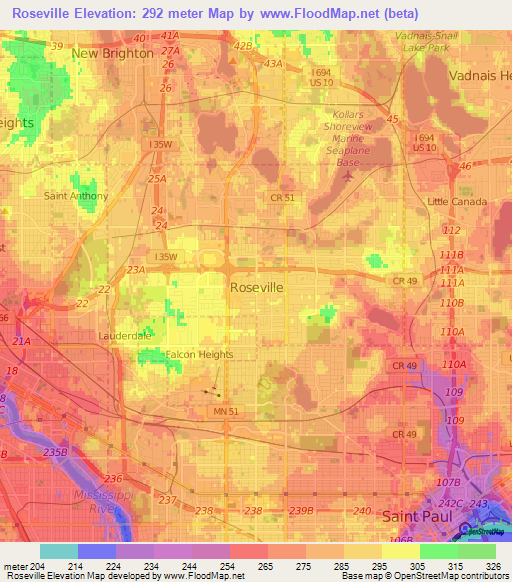 Roseville,US Elevation Map