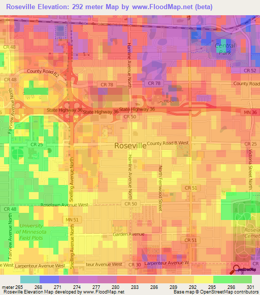 Roseville,US Elevation Map