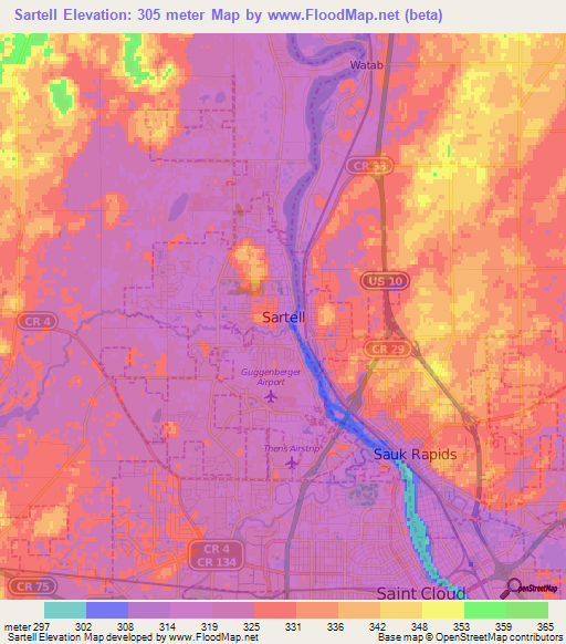 Sartell,US Elevation Map