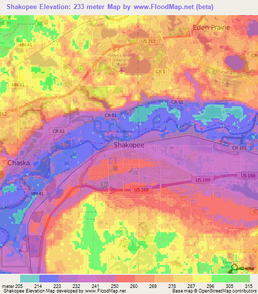 Shakopee,US Elevation Map