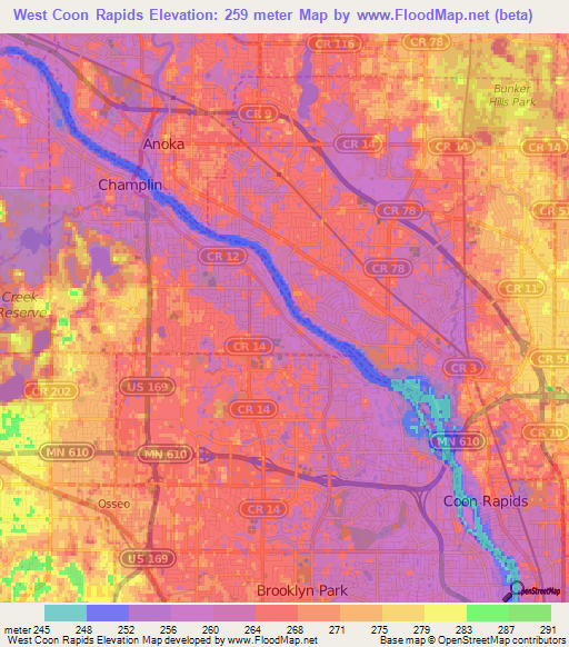 West Coon Rapids,US Elevation Map