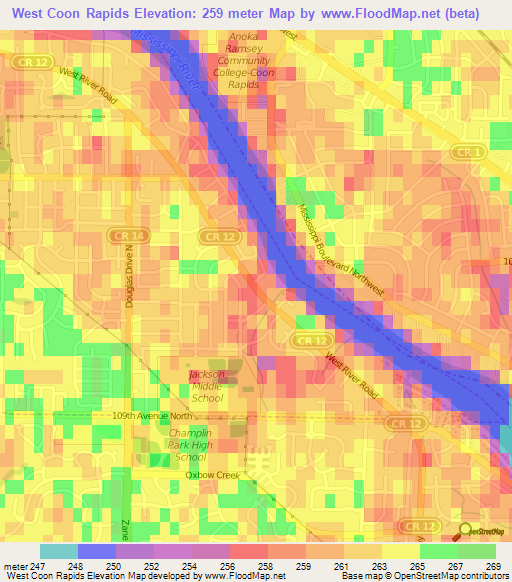 West Coon Rapids,US Elevation Map