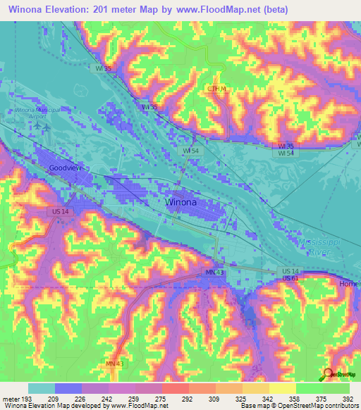 Winona,US Elevation Map