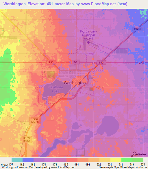 Worthington,US Elevation Map