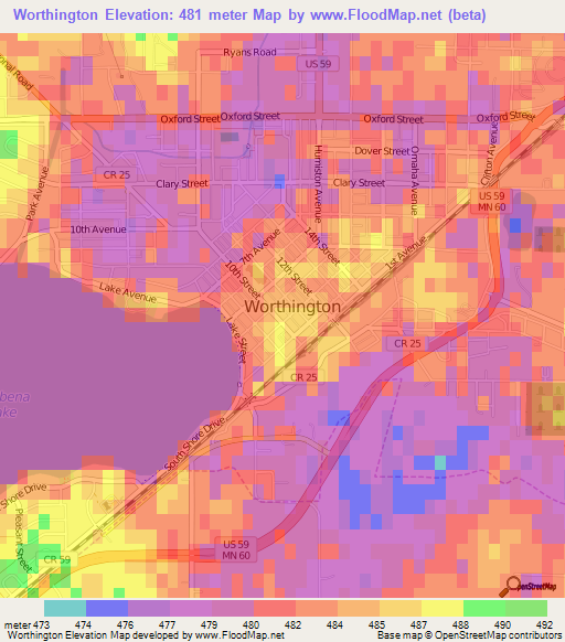 Worthington,US Elevation Map