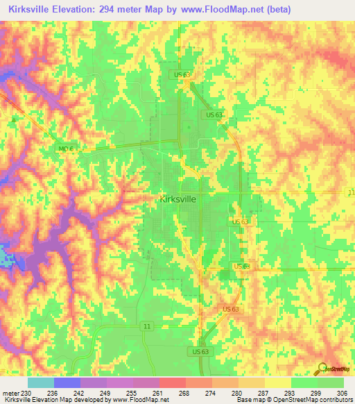 Kirksville,US Elevation Map