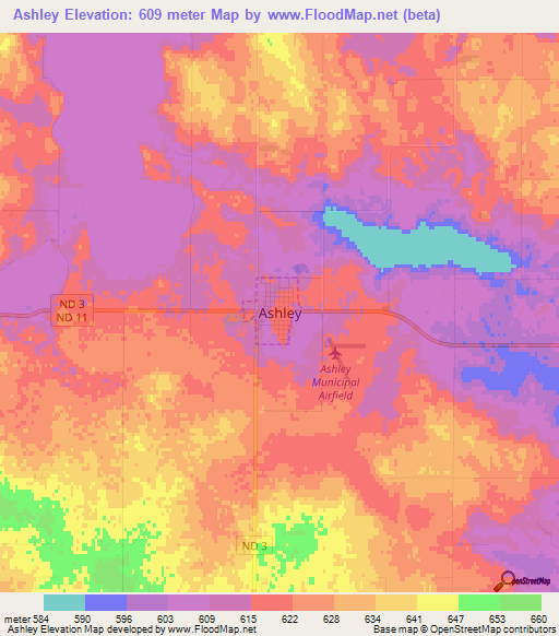 Ashley,US Elevation Map