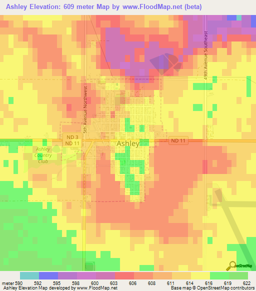 Ashley,US Elevation Map