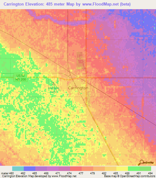 Carrington,US Elevation Map