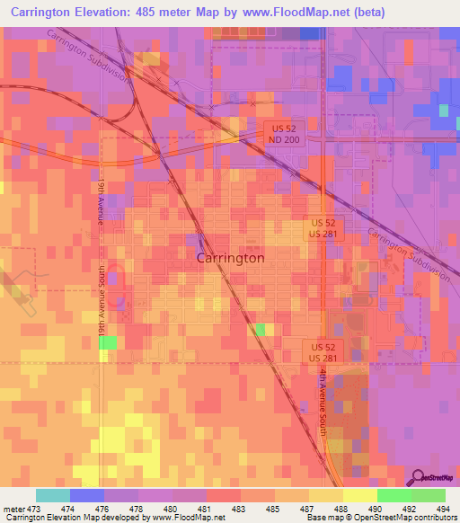 Carrington,US Elevation Map