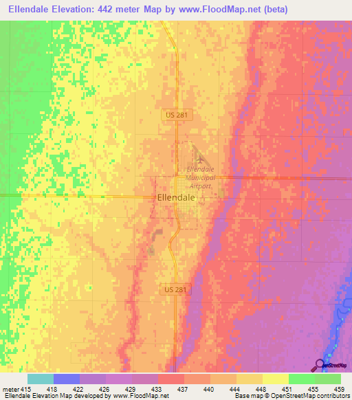 Ellendale,US Elevation Map