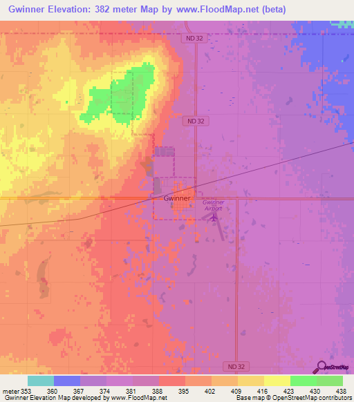 Gwinner,US Elevation Map