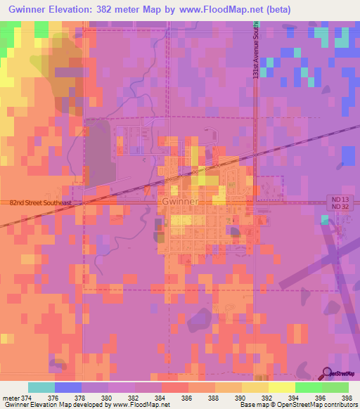 Gwinner,US Elevation Map