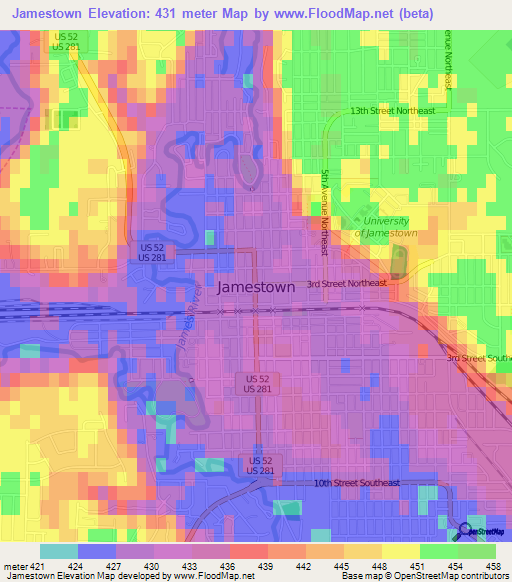 Jamestown,US Elevation Map