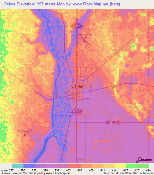 Oakes,US Elevation Map