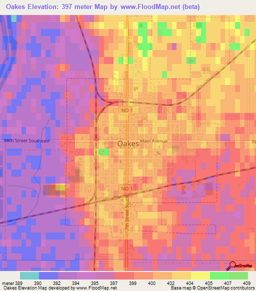 Oakes,US Elevation Map