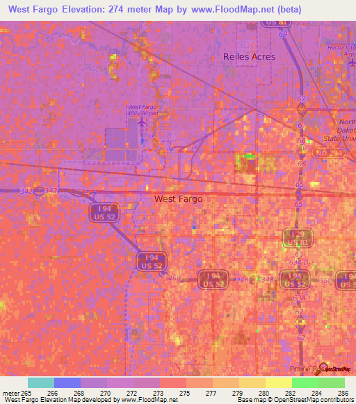 West Fargo,US Elevation Map