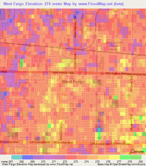 West Fargo,US Elevation Map