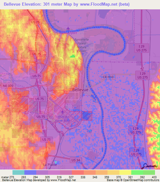 Bellevue,US Elevation Map