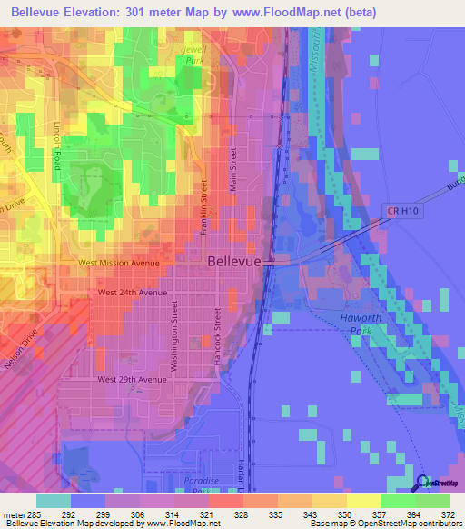 Bellevue,US Elevation Map