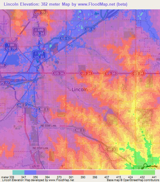 Lincoln,US Elevation Map