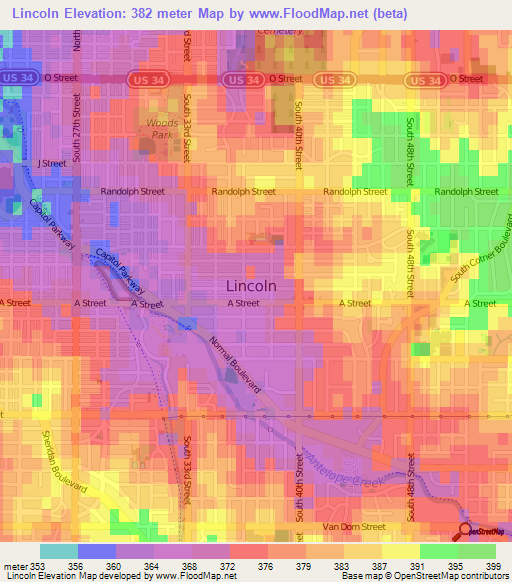 Lincoln,US Elevation Map