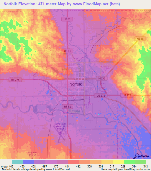 Norfolk,US Elevation Map