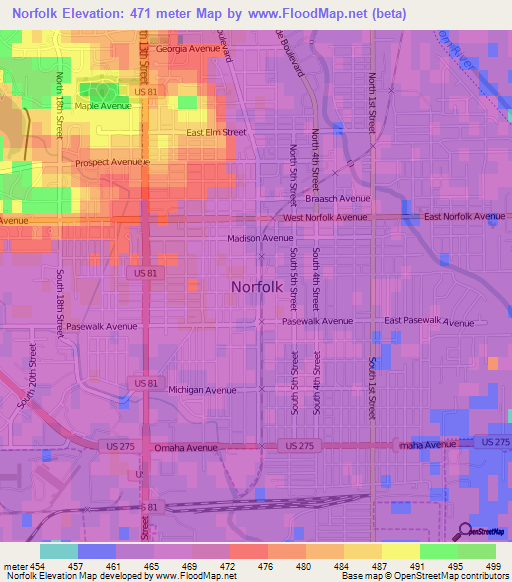 Norfolk,US Elevation Map