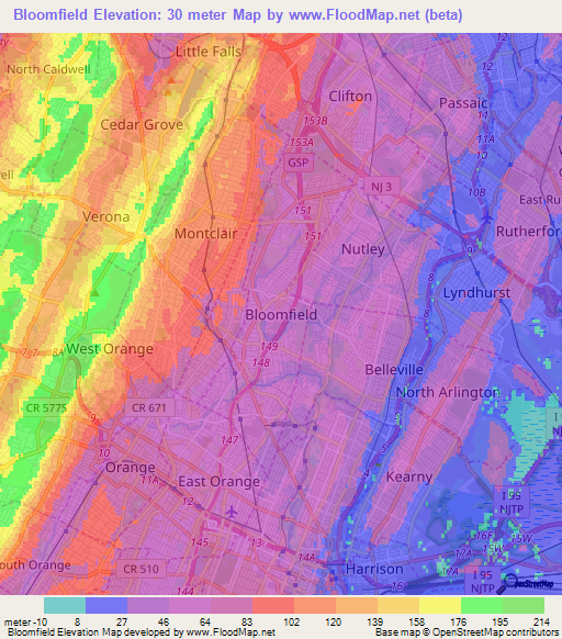 Bloomfield,US Elevation Map