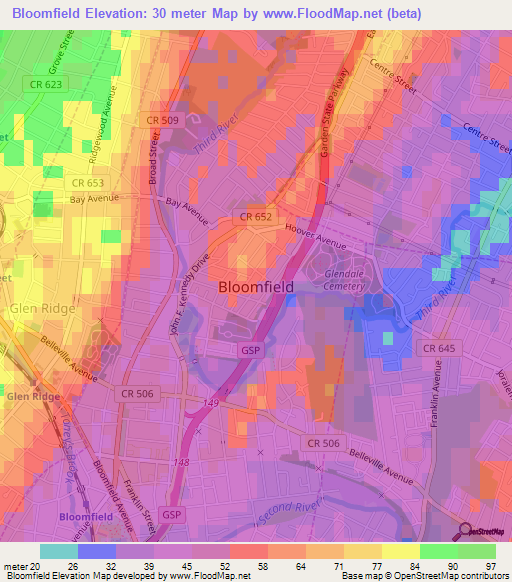 Bloomfield,US Elevation Map