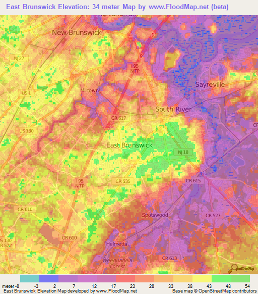 East Brunswick,US Elevation Map