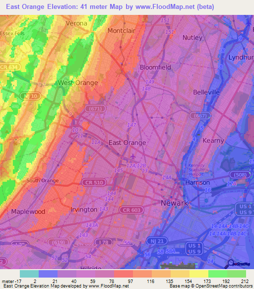 East Orange,US Elevation Map