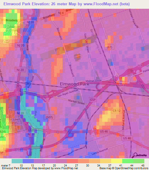 Elmwood Park,US Elevation Map