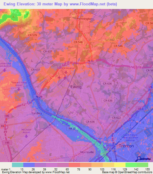 Ewing,US Elevation Map