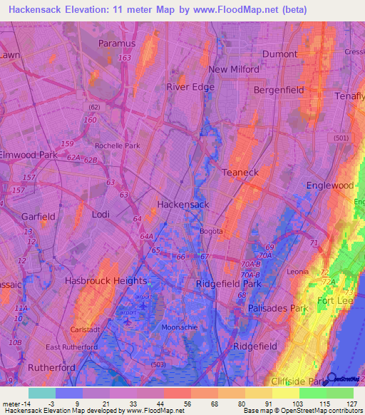 Hackensack,US Elevation Map